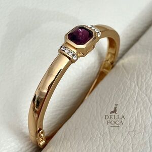 Vintage Christian Dior Rectangular Purple Rhinestone Glossy Gold Bangle Bracelet